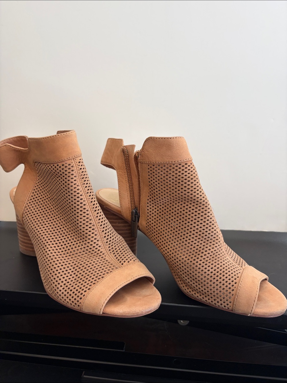 Vince Camuto Perforated Open-Toe Booties in Cognac